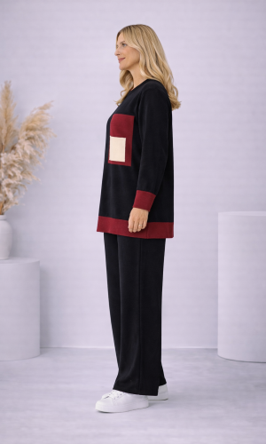 طقم تريكو نسائي عصري قطعتين بجيب ملون 4203  - اسود