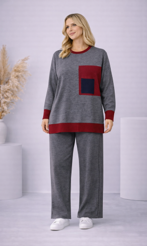 Modernes zweiteiliges Damen-Strickset mit Farbakzenten 4203  - Grau