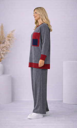 Modernes zweiteiliges Damen-Strickset mit Farbakzenten 4203  - Grau