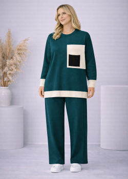 طقم تريكو نسائي عصري قطعتين بجيب ملون 4203  - زيتي