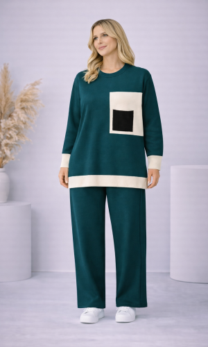 Women's Modern Two-Piece Knit Set with Contrast Pocket 4203  - khaki