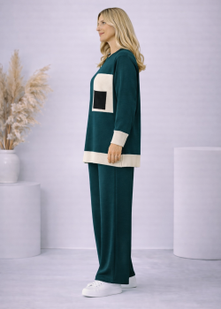 طقم تريكو نسائي عصري قطعتين بجيب ملون 4203  - زيتي
