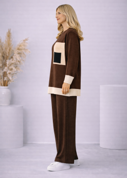 طقم تريكو نسائي عصري قطعتين بجيب ملون 4203  - بني