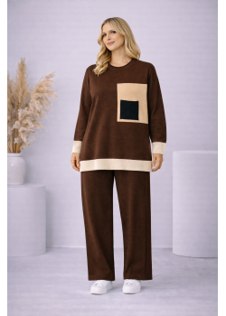 طقم تريكو نسائي عصري قطعتين بجيب ملون 4203  - بني