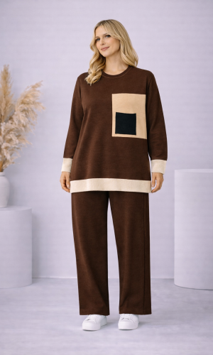طقم تريكو نسائي عصري قطعتين بجيب ملون 4203  - بني