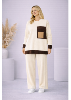 طقم تريكو نسائي عصري قطعتين بجيب ملون 4203  - سكري