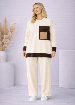 طقم تريكو نسائي عصري قطعتين بجيب ملون 4203  - سكري