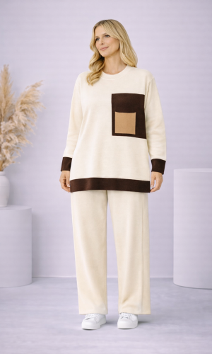 Women's Modern Two-Piece Knit Set with Contrast Pocket 4203  - ecru