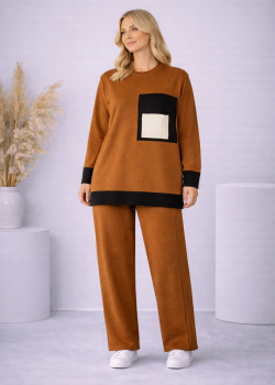 طقم تريكو نسائي عصري قطعتين بجيب ملون 4203  - عسلي