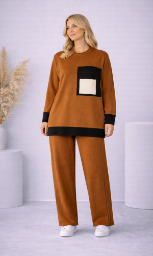 Women's Modern Two-Piece Knit Set with Contrast Pocket 4203  - tan