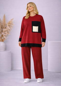 طقم تريكو نسائي عصري قطعتين بجيب ملون 4203  - خمري