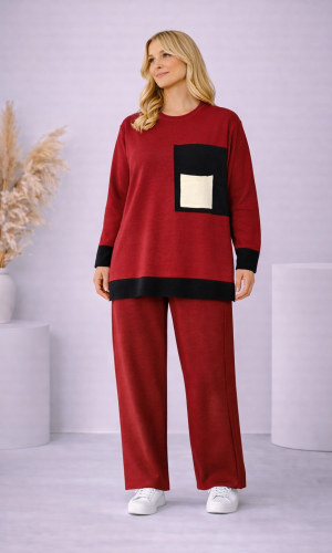 Modernes zweiteiliges Damen-Strickset mit Farbakzenten 4203  - Bordeaux