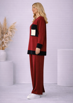 طقم تريكو نسائي عصري قطعتين بجيب ملون 4203  - خمري