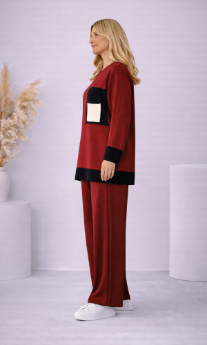 Modernes zweiteiliges Damen-Strickset mit Farbakzenten 4203  - Bordeaux