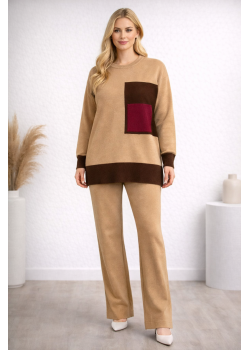 طقم تريكو نسائي عصري قطعتين بجيب ملون 4203  - شوكو