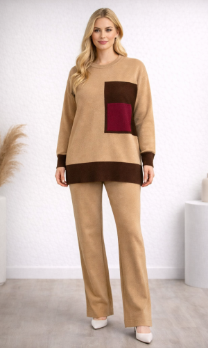 طقم تريكو نسائي عصري قطعتين بجيب ملون 4203  - شوكو