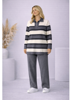 طقم تريكو نسائي مخطط قطعتين بسحاب ياقة 4204  - فضي