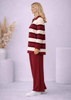 طقم تريكو نسائي مخطط قطعتين بسحاب ياقة 4204  - خمري