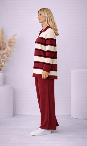 طقم تريكو نسائي مخطط قطعتين بسحاب ياقة 4204  - خمري