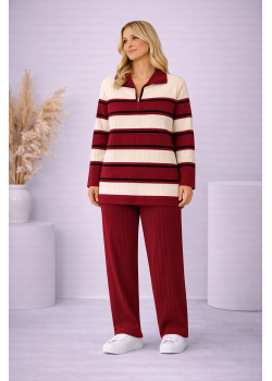 طقم تريكو نسائي مخطط قطعتين بسحاب ياقة 4204  - خمري