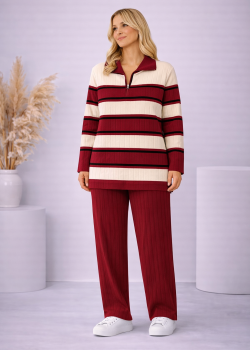 طقم تريكو نسائي مخطط قطعتين بسحاب ياقة 4204  - خمري