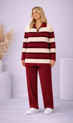 طقم تريكو نسائي مخطط قطعتين بسحاب ياقة 4204  - خمري