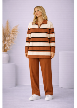 طقم تريكو نسائي مخطط قطعتين بسحاب ياقة 4204  - عسلي