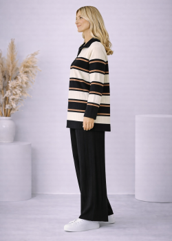 طقم تريكو نسائي مخطط قطعتين بسحاب ياقة 4204  - اسود