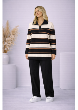 طقم تريكو نسائي مخطط قطعتين بسحاب ياقة 4204  - اسود