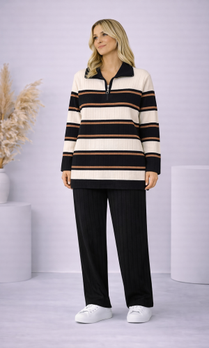 طقم تريكو نسائي مخطط قطعتين بسحاب ياقة 4204  - اسود
