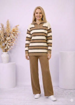 طقم تريكو نسائي مخطط قطعتين بسحاب ياقة 4204  - شوكو