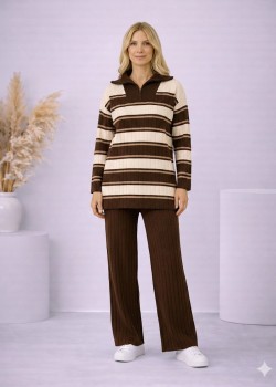 طقم تريكو نسائي مخطط قطعتين بسحاب ياقة 4204  - بني