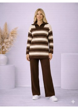 طقم تريكو نسائي مخطط قطعتين بسحاب ياقة 4204  - بني