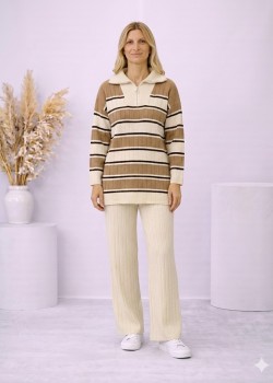 طقم تريكو نسائي مخطط قطعتين بسحاب ياقة 4204  - سكري