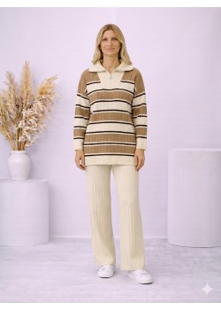 طقم تريكو نسائي مخطط قطعتين بسحاب ياقة 4204  - سكري