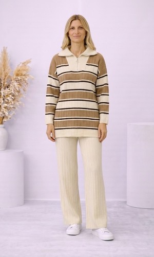 Women's Striped Two-Piece Knit Set with Zip Collar 4204  - ecru