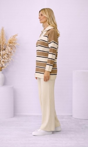 Women's Striped Two-Piece Knit Set with Zip Collar 4204  - ecru