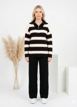 طقم تريكو نسائي مخطط قطعتين بسحاب ياقة 4204  - حديدي