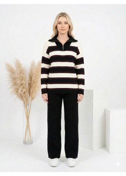 طقم تريكو نسائي مخطط قطعتين بسحاب ياقة 4204  - حديدي