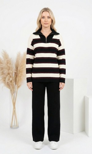 طقم تريكو نسائي مخطط قطعتين بسحاب ياقة 4204  - حديدي