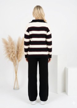 طقم تريكو نسائي مخطط قطعتين بسحاب ياقة 4204  - حديدي