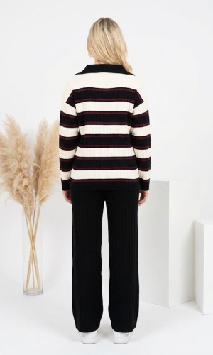 طقم تريكو نسائي مخطط قطعتين بسحاب ياقة 4204  - حديدي