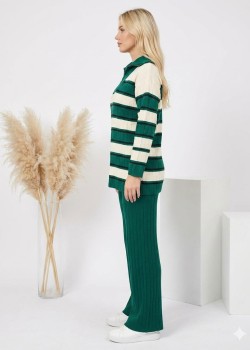 طقم تريكو نسائي مخطط قطعتين بسحاب ياقة 4204  - زيتي