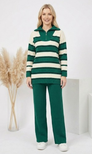 طقم تريكو نسائي مخطط قطعتين بسحاب ياقة 4204  - زيتي
