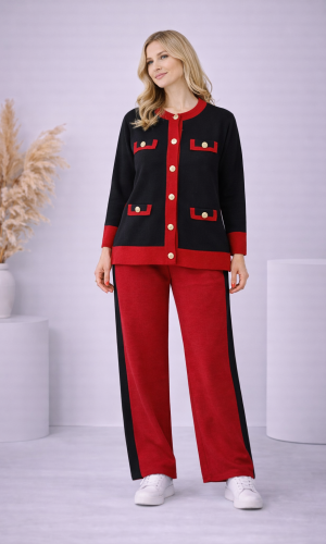 طقم تريكو نسائي قطعتين بجيوب وأزرار 4205  - خمري