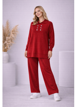 طقم تريكو نسائي كاجوال بصف أزرار 4206  - خمري