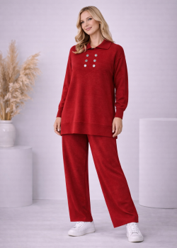 طقم تريكو نسائي كاجوال بصف أزرار 4206  - خمري