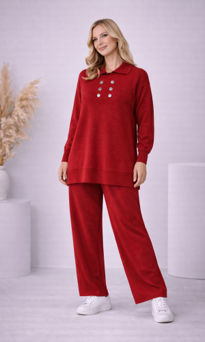 طقم تريكو نسائي كاجوال بصف أزرار 4206  - خمري