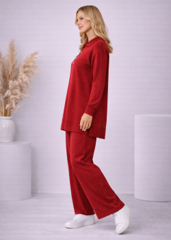 طقم تريكو نسائي كاجوال بصف أزرار 4206  - خمري