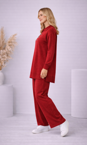 طقم تريكو نسائي كاجوال بصف أزرار 4206  - خمري